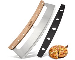 Pizzasnijder RVS – Pizzames 35 cm – Wiegemes met Houten Handvat – Inclusief Beschermhoes
