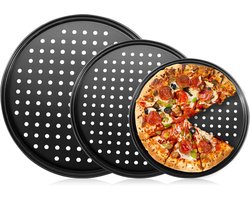 Pizzavorm Set van 3 - Geperforeerde Pizzaplaat voor Oven - Rond - Anti-aanbaklaag & Koolstofstaal - Crispy Bodem - Pizza Bakplaat Set (Zwart)