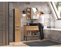 Plaatsbesparende Kast - Smal Hoge Zuil - Badkamer Opbergen - Draaideuren Open Rek - 174 cm Hoog - Antraciet Eiken