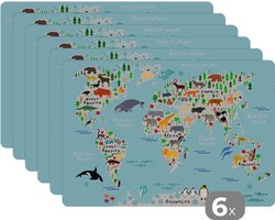 Placemat kinderen - Placemat - Placemats kunststof - Wereld - Kaart - Kinderen - Dieren - Blauw - Jongens - 45x30 cm - 6 stuks - Hittebestendig - Anti-Slip - Onderlegger - Afneembaar