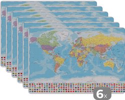 Placemat kinderen - Placemat - Placemats kunststof - Wereld - Kaart - Kleuren - Vlag - 45x30 cm - 6 stuks - Hittebestendig - Anti-Slip - Onderlegger - Afneembaar