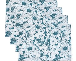 Placemat met bloemenprint - Teal green - set van 4 - 45x35cm - Moederdag cadeautje - Stoffen placemats - Wasbaar - Feestdecoratie - Tafeldecoratie