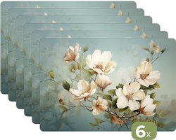 Placemat met vintage bloemen - Placemats kunststof - 45x30 cm - 6 stuks - Borden onderleggers antislip - Tafel decoratie blauw - Tafelonderlegger - Luxe tafelversiering - Tafelmat vinyl - Bord onderlegger - Tafeldecoratie accesoires