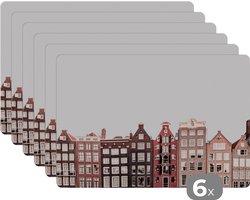Placemat - Placemats kunststof - 45x30 cm - Amsterdam - Architectuur - Huizen - Straat - 6 stuks - Borden onderleggers antislip - Tafel decoratie - Luxe tafelversiering - Tafelmat vinyl - Bord onderlegger - Tafeldecoratie accessoires