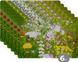 Placemat - Placemats kunststof - 45x30 cm - Bloemen - Natuur - Groen - Gras - Paars - Wit - 6 stuks - Borden onderleggers antislip - Tafel decoratie - Luxe tafelversiering - Tafelmat vinyl - Bord onderlegger - Tafeldecoratie accessoires