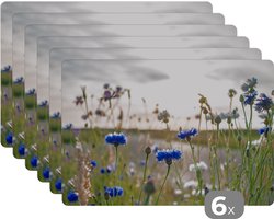 Placemat - Placemats kunststof - 45x30 cm - Bloemen - Zomer - Korenbloem - Blauw - Zon - Wolken - 6 stuks - Borden onderleggers antislip - Tafel decoratie - Luxe tafelversiering - Tafelmat vinyl - Bord onderlegger - Tafeldecoratie accessoires