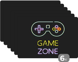 Placemat - Placemats kunststof - 45x30 cm - Controller - Game - Neon - Zwart - Quotes - Game zone - 6 stuks - Borden onderleggers antislip - Tafel decoratie - Luxe tafelversiering - Tafelmat vinyl - Bord onderlegger - Tafeldecoratie accessoires