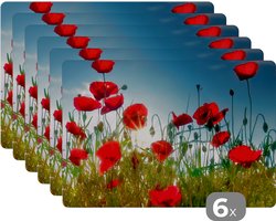 Placemat - Placemats kunststof - 45x30 cm - Klaprozen - Toscane - Zon - Rood - Blauw - 6 stuks - Borden onderleggers antislip - Tafel decoratie - Luxe tafelversiering - Tafelmat vinyl - Bord onderlegger - Tafeldecoratie accessoires