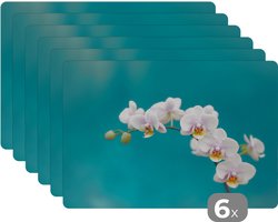 Placemat - Placemats kunststof - 45x30 cm - Orchidee - Bloemen - Plant - Wit - Paars - 6 stuks - Borden onderleggers antislip - Tafel decoratie - Luxe tafelversiering - Tafelmat vinyl - Bord onderlegger - Tafeldecoratie accessoires