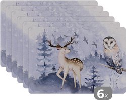 Placemat - Placemats kunststof - 45x30 cm - Winter - Bos - Uil - Hert - 6 stuks - Borden onderleggers antislip - Tafel decoratie - Luxe tafelversiering - Tafelmat vinyl - Bord onderlegger - Tafeldecoratie accessoires