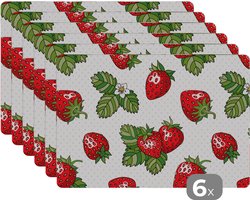Placemat - Placemats kunststof - Aardbeien - Fruit - Patronen - 45x30 cm - 6 stuks - Hittebestendig - Anti-Slip - Onderlegger - Afneembaar