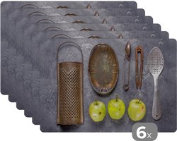 Placemat - Placemats kunststof - Appel - Keukengerei - Keukengereedschap - 45x30 cm - 6 stuks - Hittebestendig - Anti-Slip - Onderlegger - Afneembaar