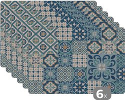 Placemat - Placemats kunststof - Bloemen - Blauw - Design - Tegel - 45x30 cm - 6 stuks - Hittebestendig - Anti-Slip - Onderlegger - Afneembaar