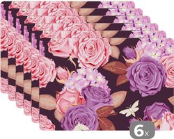 Placemat - Placemats kunststof - Bloemen - Vlinders - Paars - Roze - 45x30 cm - 6 stuks - Hittebestendig - Anti-Slip - Onderlegger - Afneembaar