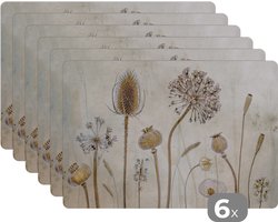 Placemat - Placemats kunststof - Bloemen - Waterverf - Stilleven - Bruin - Vintage - 45x30 cm - 6 stuks - Hittebestendig - Anti-Slip - Onderlegger - Afneembaar
