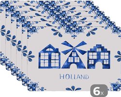 Placemat - Placemats kunststof - Delfts blauw - Windmolen - Huis - 45x30 cm - 6 stuks - Hittebestendig - Anti-Slip - Onderlegger - Afneembaar