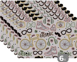 Placemat - Placemats kunststof - Doodle - Koptelefoon - Patroon - 45x30 cm - 6 stuks - Hittebestendig - Anti-Slip - Onderlegger - Afneembaar