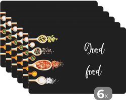 Placemat - Placemats kunststof - Eten - Good food - Spreken - Quotes - 45x30 cm - 6 stuks - Hittebestendig - Anti-Slip - Onderlegger - Afneembaar