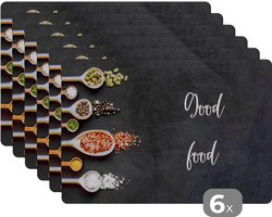 Placemat - Placemats kunststof - Eten - Good food - Spreken - Quotes - 45x30 cm - 6 stuks - Hittebestendig - Anti-Slip - Onderlegger - Afneembaar
