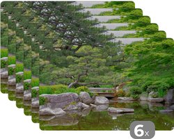 Placemat - Placemats kunststof - Japans - Natuur - Water - Stenen - Bomen - 45x30 cm - 6 stuks - Hittebestendig - Anti-Slip - Onderlegger - Afneembaar