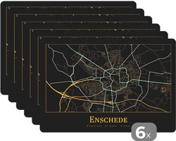 Placemat - Placemats kunststof - Kaart - Enschede - Zwart - Goud - 45x30 cm - 6 stuks - Hittebestendig - Anti-Slip - Onderlegger - Afneembaar
