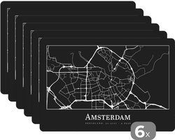Placemat - Placemats kunststof - Kaart - Stadskaart - Plattegrond - Amsterdam - 45x30 cm - 6 stuks - Hittebestendig - Anti-Slip - Onderlegger - Afneembaar
