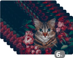 Placemat - Placemats kunststof - Kat - Bloemen - Bladeren - Botanisch - 45x30 cm - 6 stuks - Hittebestendig - Anti-Slip - Onderlegger - Afneembaar