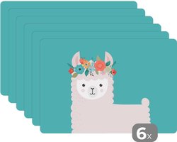Placemat - Placemats kunststof - Lama - Wol - Bloemen - 45x30 cm - 6 stuks - Hittebestendig - Anti-Slip - Onderlegger - Afneembaar