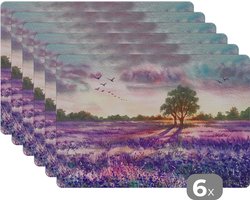 Placemat - Placemats kunststof - Lavendel - Verf - Vogels - Bomen - Paars - 45x30 cm - 6 stuks - Hittebestendig - Anti-Slip - Onderlegger - Afneembaar