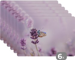 Placemat - Placemats kunststof - Lavendel - Vlinder - Close-up - Paars - 45x30 cm - 6 stuks - Hittebestendig - Anti-Slip - Onderlegger - Afneembaar