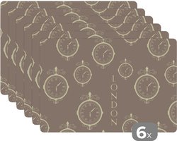 Placemat - Placemats kunststof - Londen - Klok - Patroon - Vintage - 45x30 cm - 6 stuks - Hittebestendig - Anti-Slip - Onderlegger - Afneembaar
