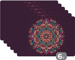 Placemat - Placemats kunststof - Mandala - Bloemen - Hippie - Boho - Oranje - 45x30 cm - 6 stuks - Hittebestendig - Anti-Slip - Onderlegger - Afneembaar