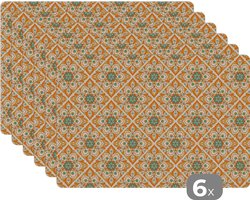 Placemat - Placemats kunststof - Mandala - Boho - Bloemen - Oranje - Patroon - 45x30 cm - 6 stuks - Hittebestendig - Anti-Slip - Onderlegger - Afneembaar