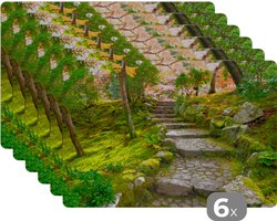 Placemat - Placemats kunststof - Natuur - Stenen - Pad - Mos - Japans - 45x30 cm - 6 stuks - Hittebestendig - Anti-Slip - Onderlegger - Afneembaar