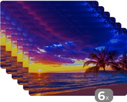 Placemat - Placemats kunststof - Palmboom - Paars - Zonsondergang - Strand - Zee - 45x30 cm - 6 stuks - Hittebestendig - Anti-Slip - Onderlegger - Afneembaar