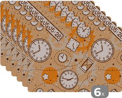 Placemat - Placemats kunststof - Patronen - Klok - Zandloper - 45x30 cm - 6 stuks - Hittebestendig - Anti-Slip - Onderlegger - Afneembaar
