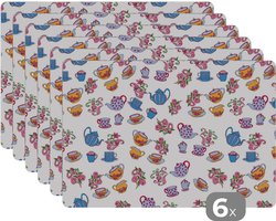 Placemat - Placemats kunststof - Patronen - Thee - Rozen - Theepot - 45x30 cm - 6 stuks - Hittebestendig - Anti-Slip - Onderlegger - Afneembaar