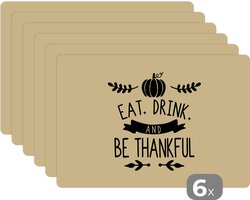Placemat - Placemats kunststof - Quote Eat, Drink and be Thankful wanddecoratie kerst pastel geel - 45x30 cm - 6 stuks - Hittebestendig - Anti-Slip - Onderlegger - Afneembaar
