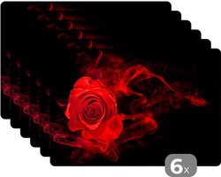Placemat - Placemats kunststof - Rozen - Rood - Zwart - 45x30 cm - 6 stuks - Hittebestendig - Anti-Slip - Onderlegger - Afneembaar