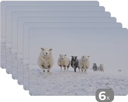 Placemat - Placemats kunststof - Schaap - Wol - Sneeuw - 45x30 cm - 6 stuks - Hittebestendig - Anti-Slip - Onderlegger - Afneembaar