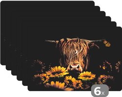 Placemat - Placemats kunststof - Schotse hooglander - Bloemen - Koe - Botanisch - Dieren - 45x30 cm - 6 stuks - Hittebestendig - Anti-Slip - Onderlegger - Afneembaar