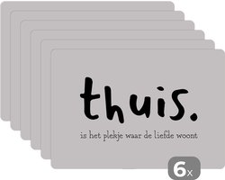 Placemat - Placemats kunststof - Spreuken - Quotes - Thuis is het plekje waar de liefde woont - 45x30 cm - 6 stuks - Hittebestendig - Anti-Slip - Onderlegger - Afneembaar