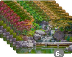 Placemat - Placemats kunststof - Stenen - Water - Bomen - Japans - Botanisch - 45x30 cm - 6 stuks - Hittebestendig - Anti-Slip - Onderlegger - Afneembaar