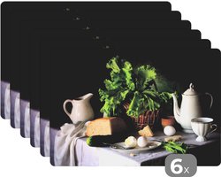 Placemat - Placemats kunststof - Stilleven - Eten - Theepot - Kaas - Kan - Sla - Eieren - 45x30 cm - 6 stuks - Hittebestendig - Anti-Slip - Onderlegger - Afneembaar
