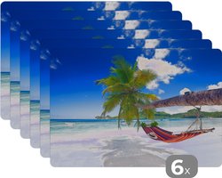 Placemat - Placemats kunststof - Strand - Hangmat - Zee - Palmboom - 45x30 cm - 6 stuks - Hittebestendig - Anti-Slip - Onderlegger - Afneembaar