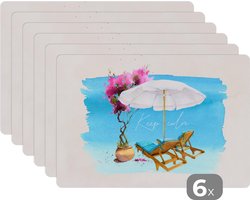 Placemat - Placemats kunststof - Strandstoel - Bloemen - Parasol - Waterverf - 45x30 cm - 6 stuks - Hittebestendig - Anti-Slip - Onderlegger - Afneembaar