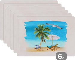 Placemat - Placemats kunststof - Strandstoel - Parasol - Palmbomen - Strand - 45x30 cm - 6 stuks - Hittebestendig - Anti-Slip - Onderlegger - Afneembaar