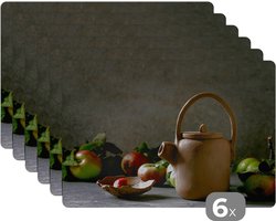Placemat - Placemats kunststof - Theepot - Thee - Stilleven - 45x30 cm - 6 stuks - Hittebestendig - Anti-Slip - Onderlegger - Afneembaar