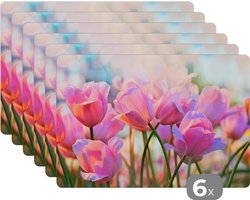 Placemat - Placemats kunststof - Tulpen - Roze - Lente - 45x30 cm - 6 stuks - Hittebestendig - Anti-Slip - Onderlegger - Afneembaar