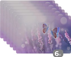 Placemat - Placemats kunststof - Vlinder - Lavendel - Bloemen - Paars - 45x30 cm - 6 stuks - Hittebestendig - Anti-Slip - Onderlegger - Afneembaar